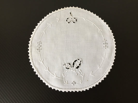 Hand Embroidered 8.75" Antique Madeira Cutwork Doily with Crocheted Edging