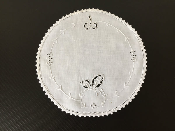 Hand Embroidered 8.75" Antique Madeira Cutwork Doily with Crocheted Edging