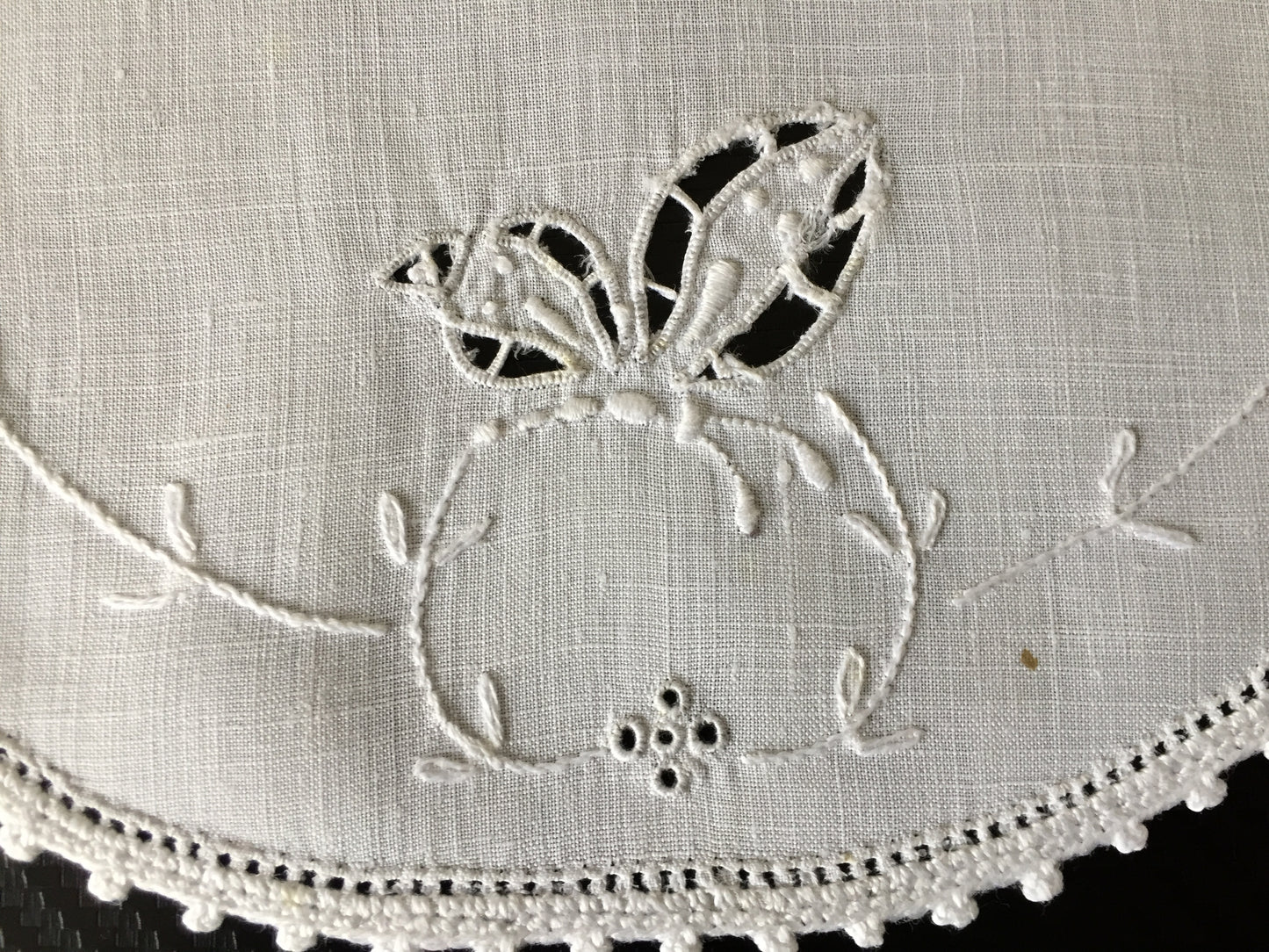 Hand Embroidered 8.75" Antique Madeira Cutwork Doily with Crocheted Edging