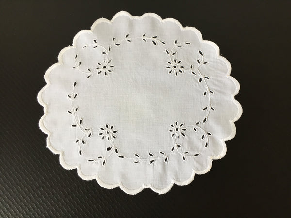 Broderie Anglaise Hand Embroidered 11" Antique Whitework Doily