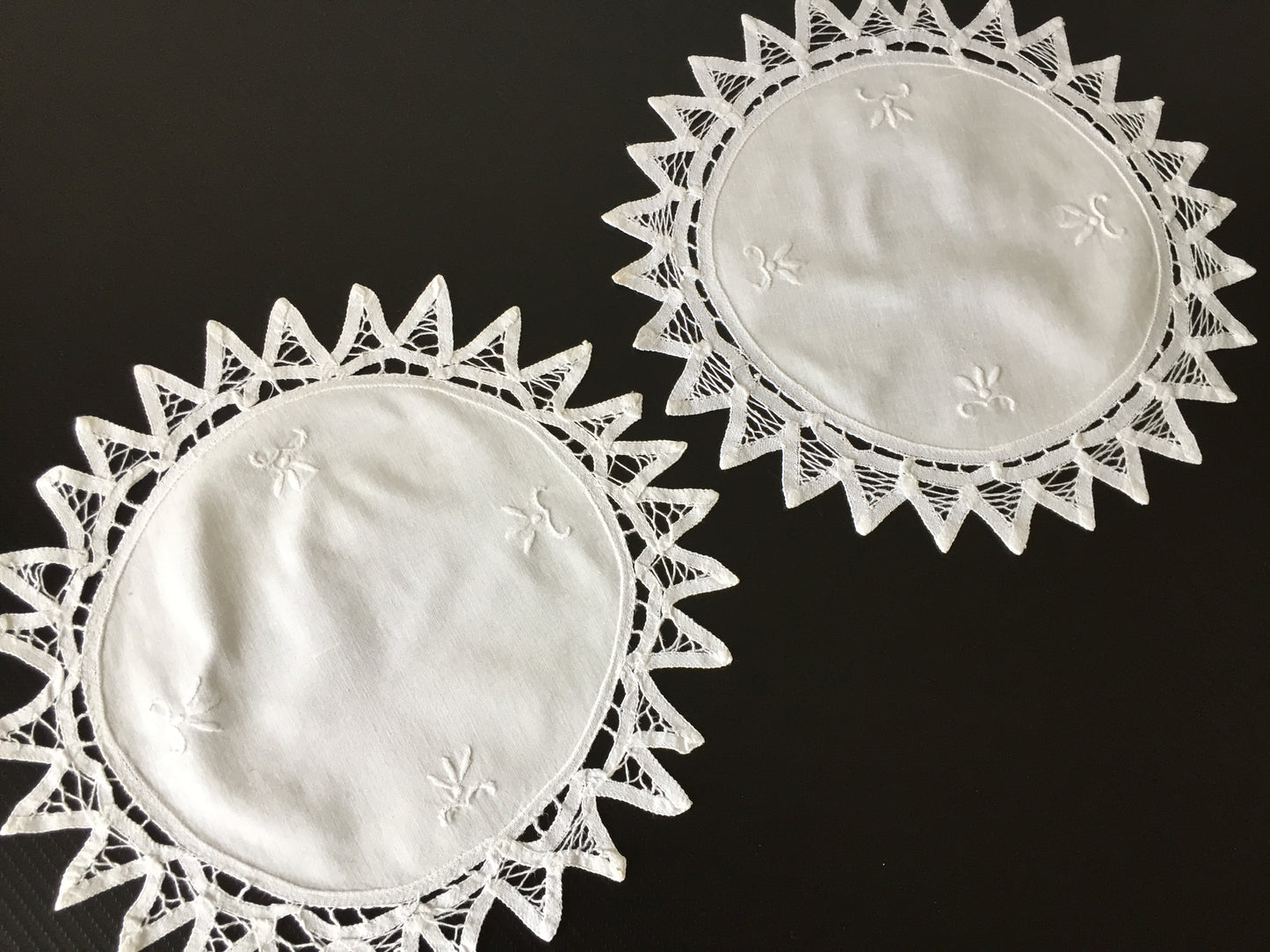 A Pair of White Cotton & Battenburg Tape Lace Doilies Hand Embroidered Vintage