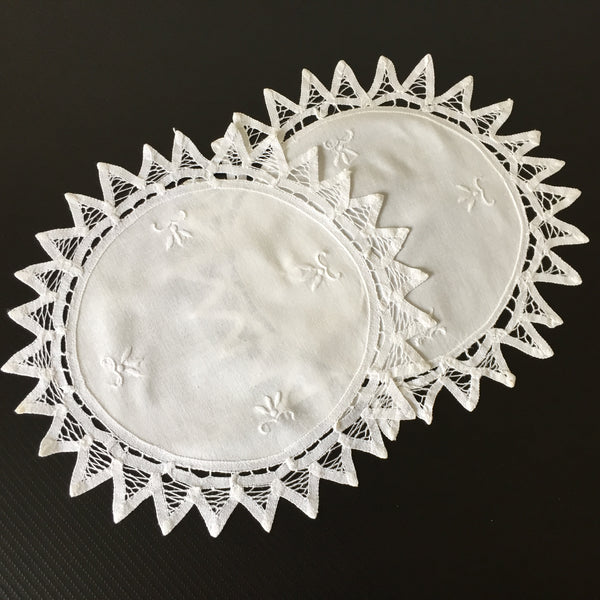 A Pair of White Cotton & Battenburg Tape Lace Doilies Hand Embroidered Vintage