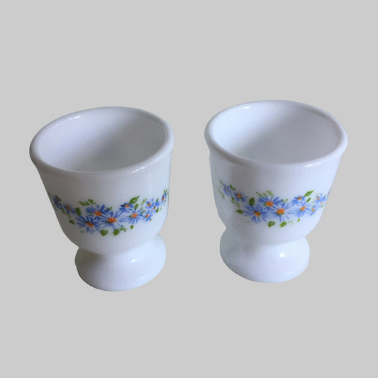 A Pair of Vintage Arcopal France Tempered Milk Glass Egg Cups | Blue Floral