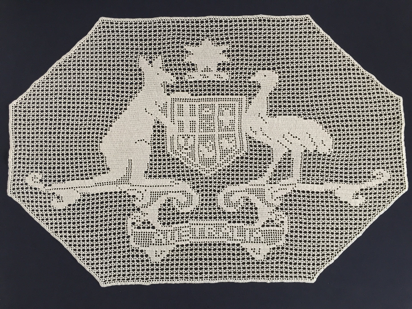 Rare 1910s Mary Card Filet Crochet Lace Panel: Australian Coat of Arms