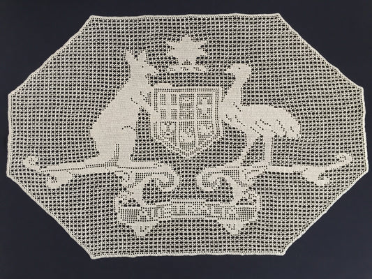 Rare 1910s Mary Card Filet Crochet Lace Panel: Australian Coat of Arms