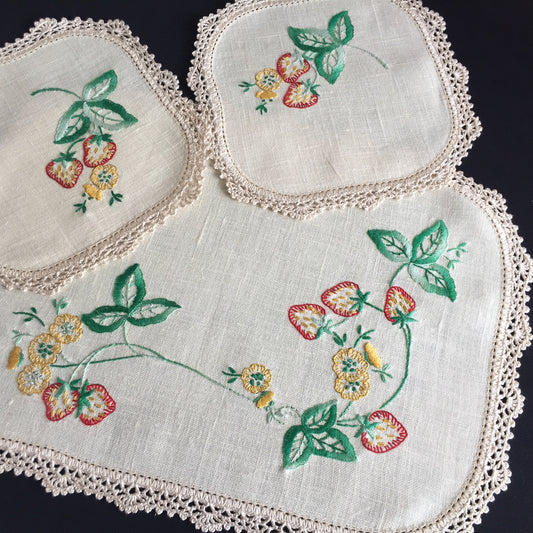 Australian Vintage Hand Embroidered Floral Duchess / Dressing Table Doily Set (3 Piece)