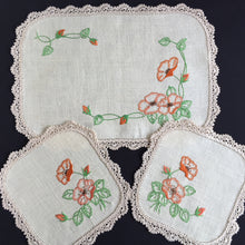 Load image into Gallery viewer, Australian Vintage Hand Embroidered Floral Duchess / Dressing Table Doily Set (3 Piece)