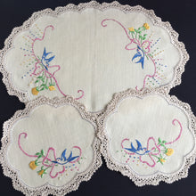 Load image into Gallery viewer, Australian Vintage Hand Embroidered Floral Duchess / Dressing Table Doily Set (3 Piece)