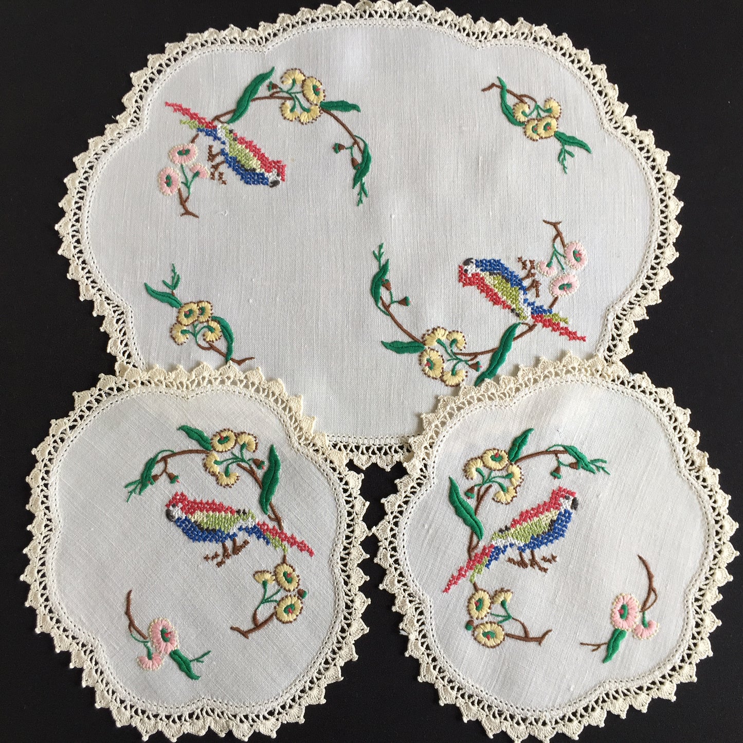 Australian Vintage Hand Embroidered Duchess | Dressing Table Doily Set of 3