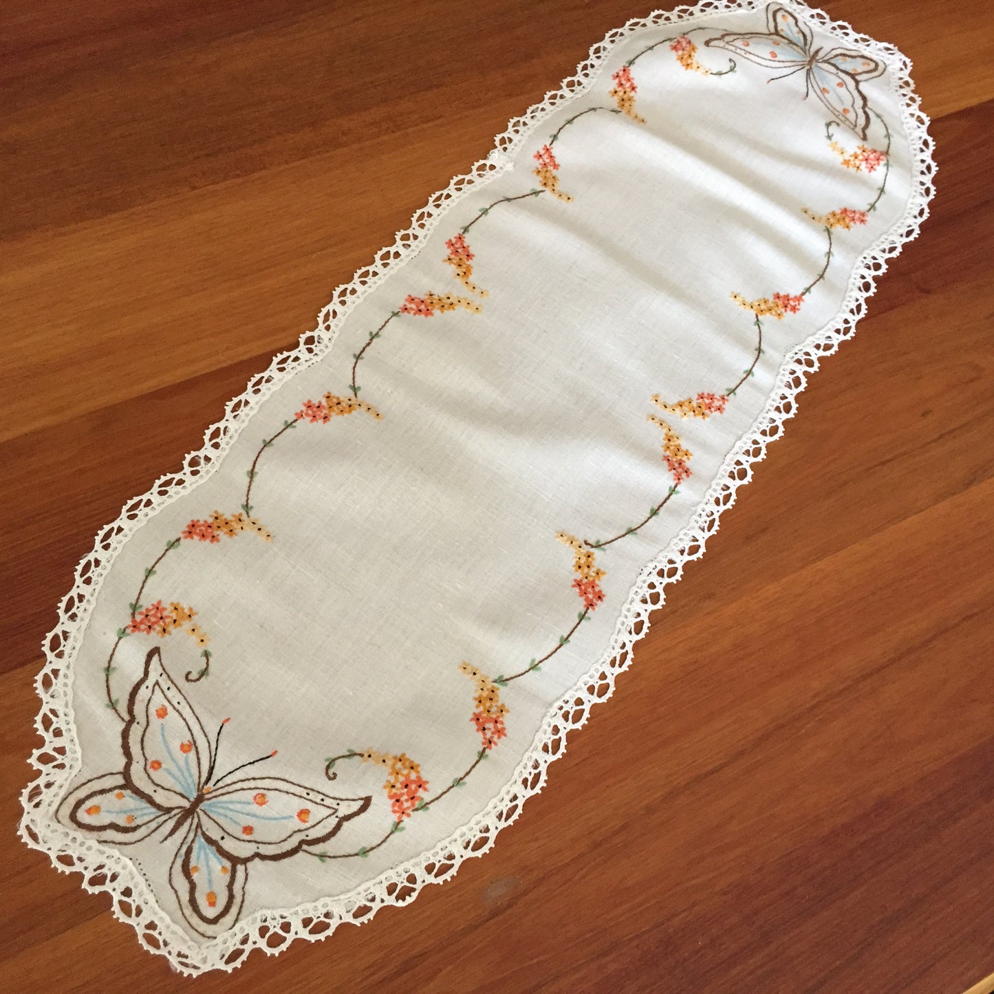 Australian Vintage Hand Embroidered Table Runner | Butterfly | Windmill Design