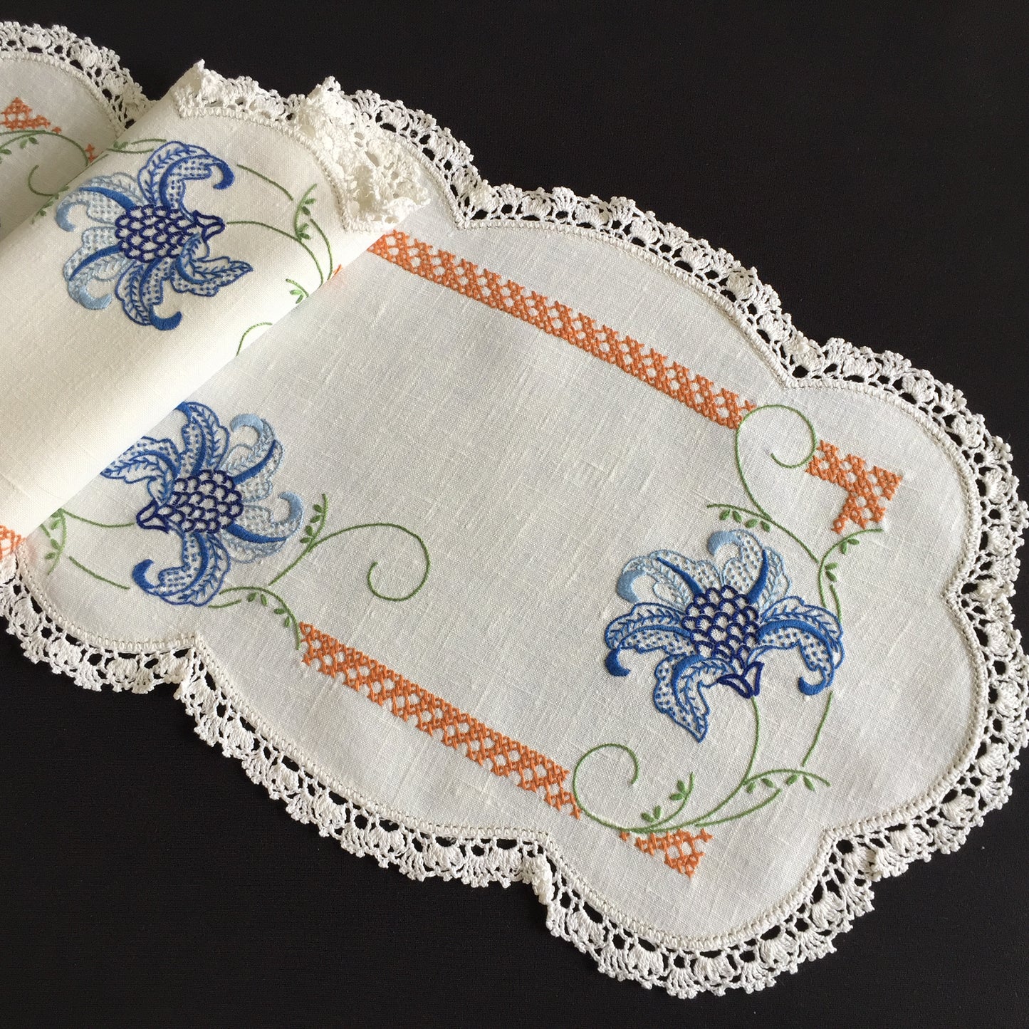 Australian Vintage Hand Embroidered Table Runner | Blue Floral Design