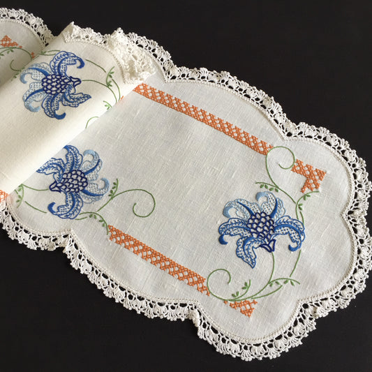 Australian Vintage Hand Embroidered Table Runner | Blue Floral Design