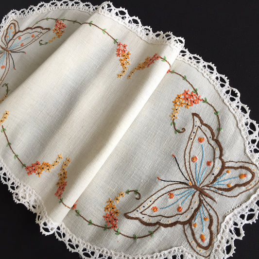 Australian Vintage Hand Embroidered Table Runner | Butterfly | Windmill Design