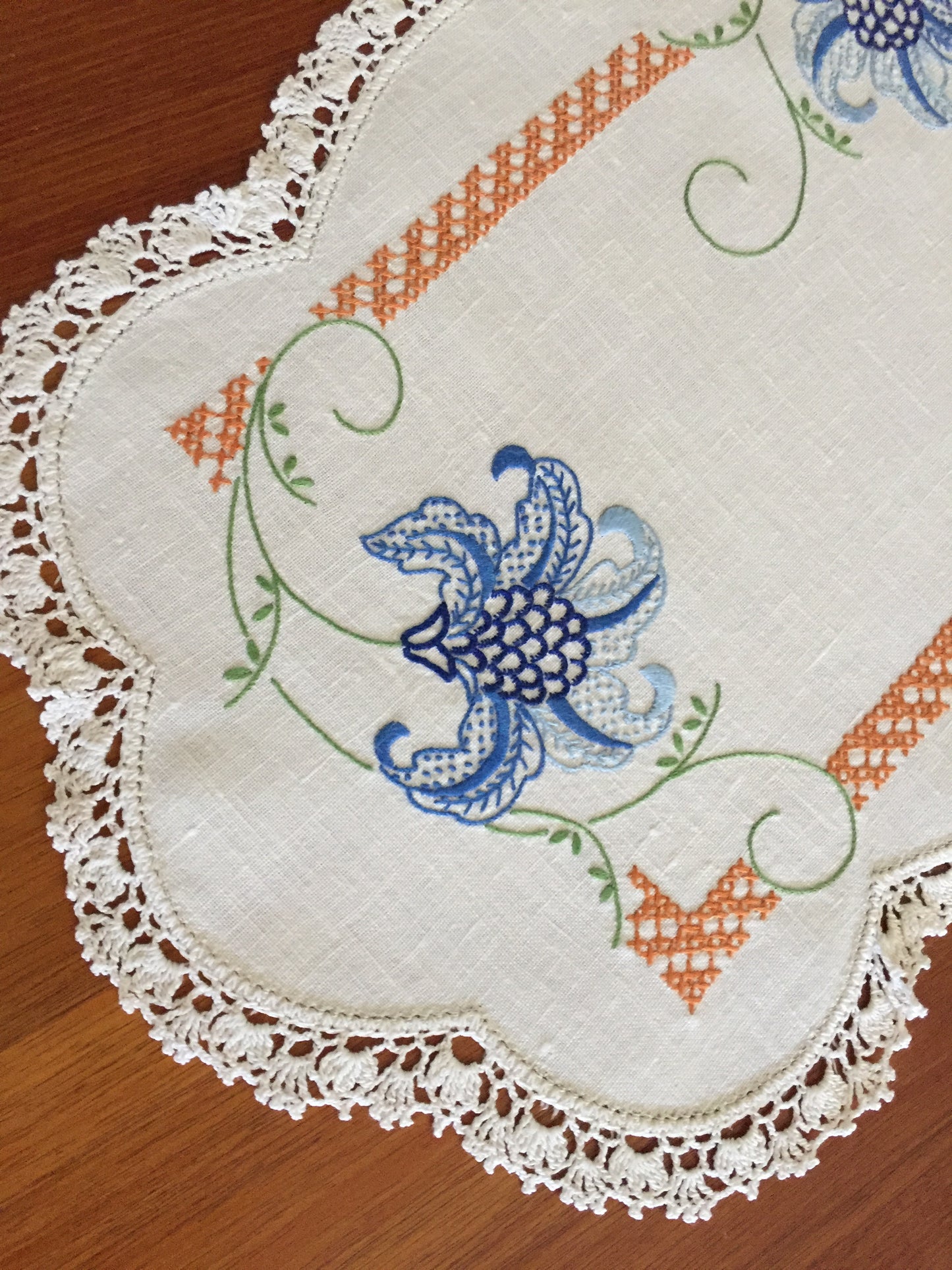 Australian Vintage Hand Embroidered Table Runner | Blue Floral Design