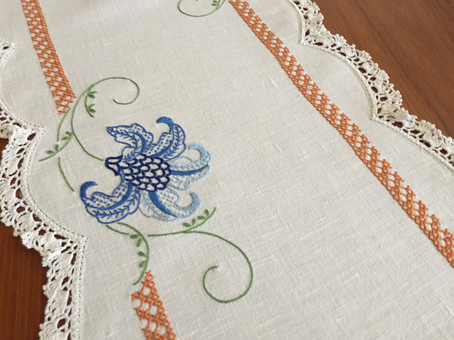 Australian Vintage Hand Embroidered Table Runner | Blue Floral Design