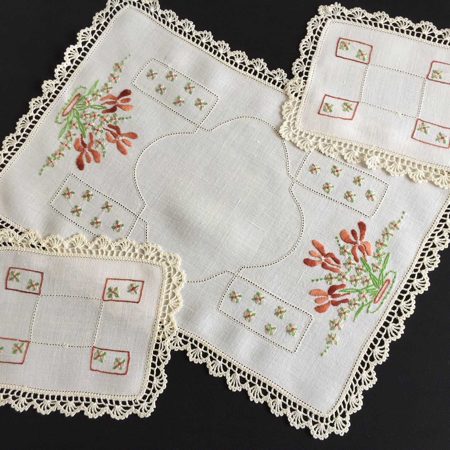 Australian Vintage Hand Embroidered Duchess | Dressing Table Doily Set of 3