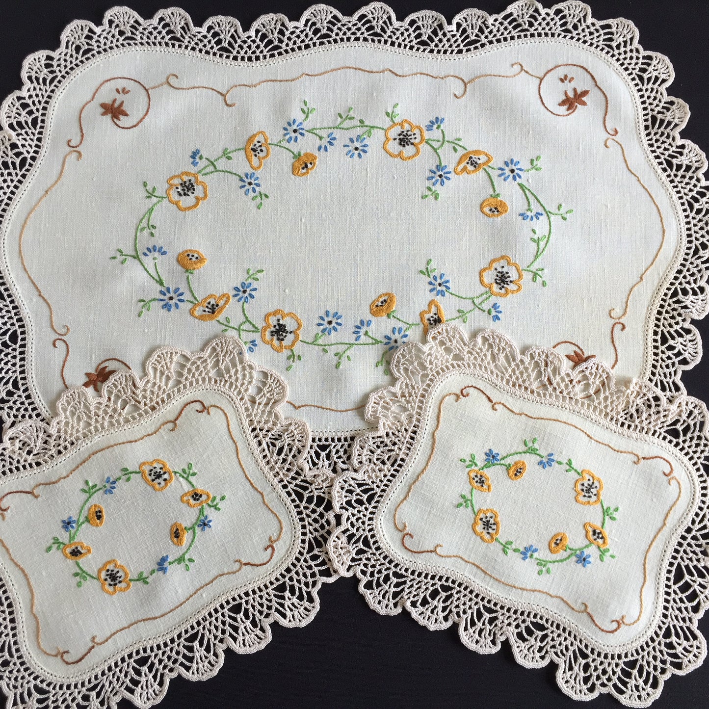 Australian Vintage Hand Embroidered Duchess | Dressing Table Doily Set of 3
