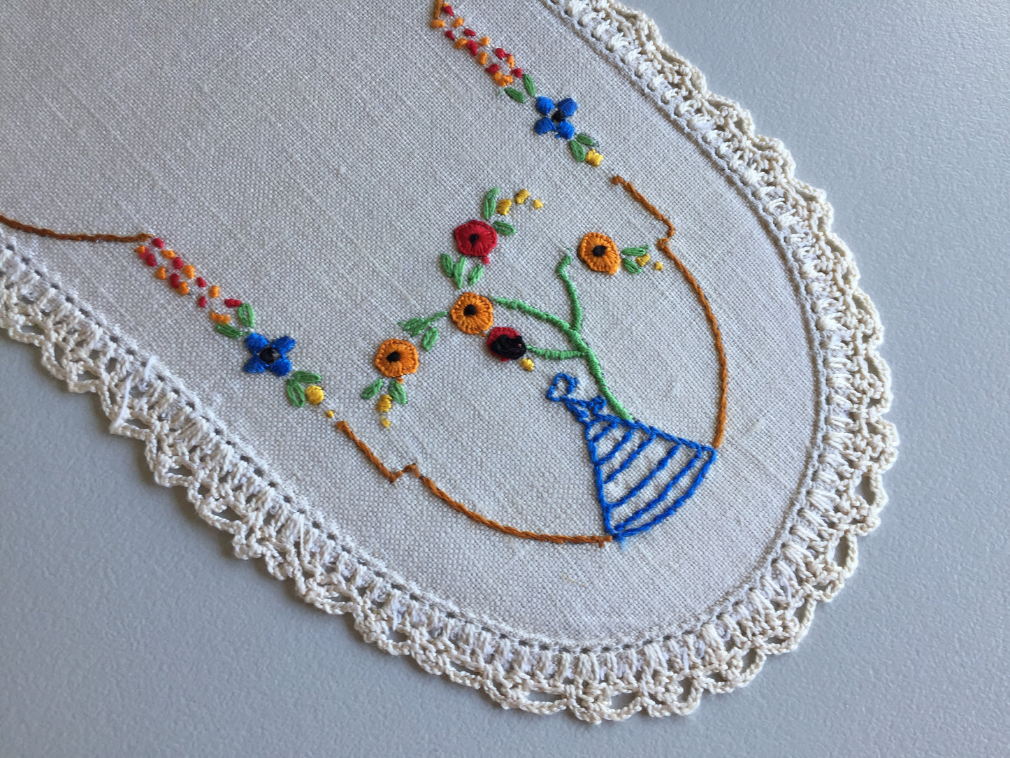 Australian Vintage Hand Embroidered Sandwich Doily | Crinoline Lady Pattern