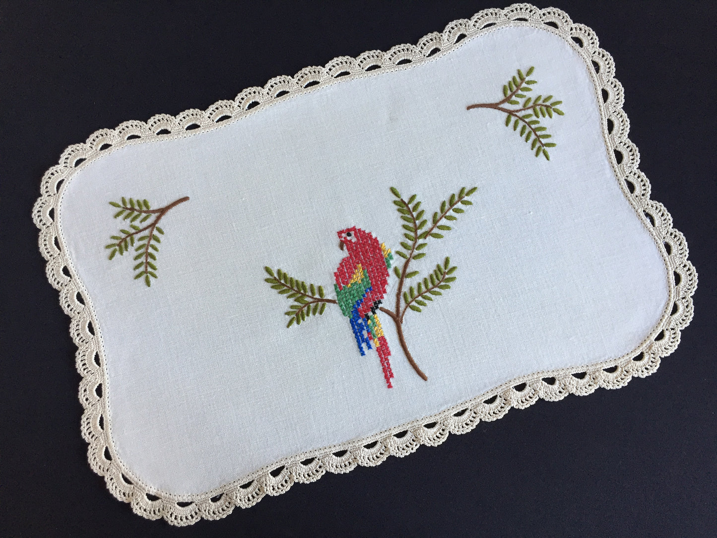 Australian Vintage Hand Embroidered Table Centrepiece with Parrot Design