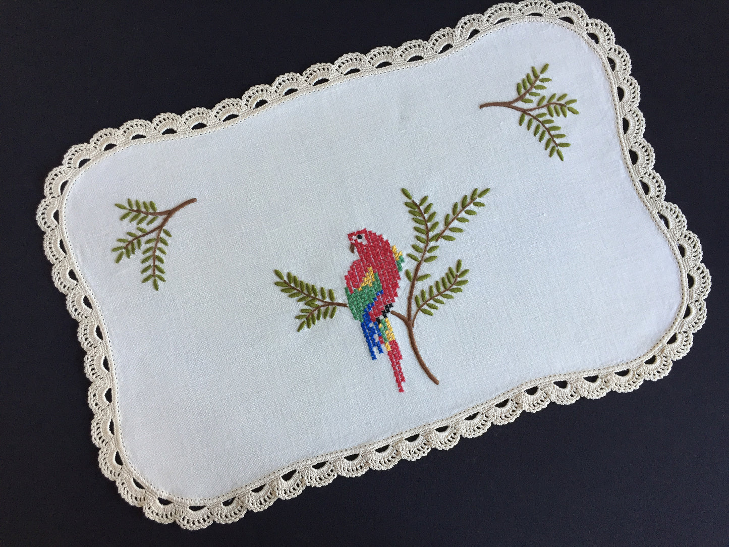Australian Vintage Hand Embroidered Table Centrepiece with Parrot Design