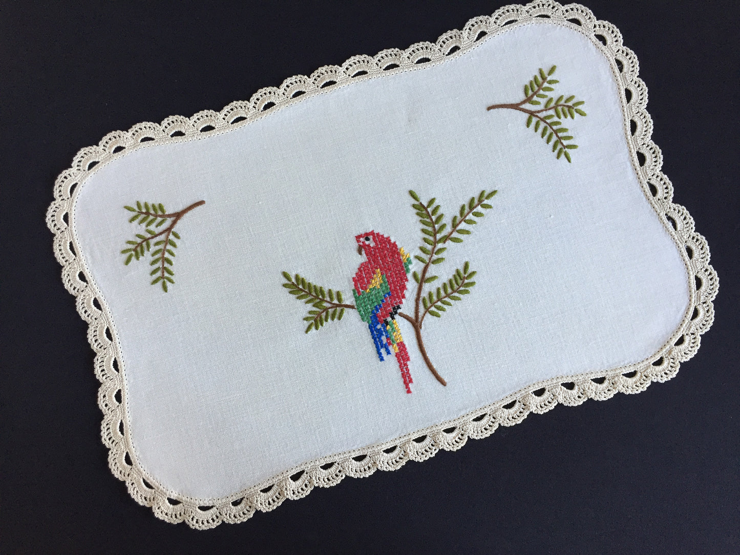 Australian Vintage Hand Embroidered Table Centrepiece with Parrot Design