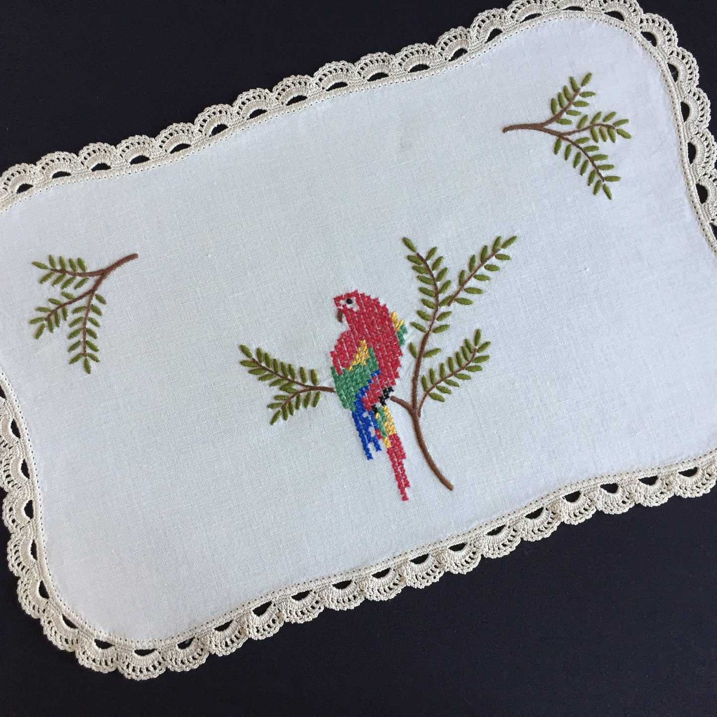 Australian Vintage Hand Embroidered Table Centrepiece with Parrot Design