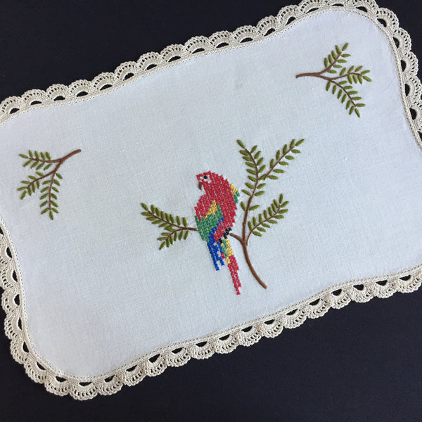 Australian Vintage Hand Embroidered Table Centrepiece with Parrot Design