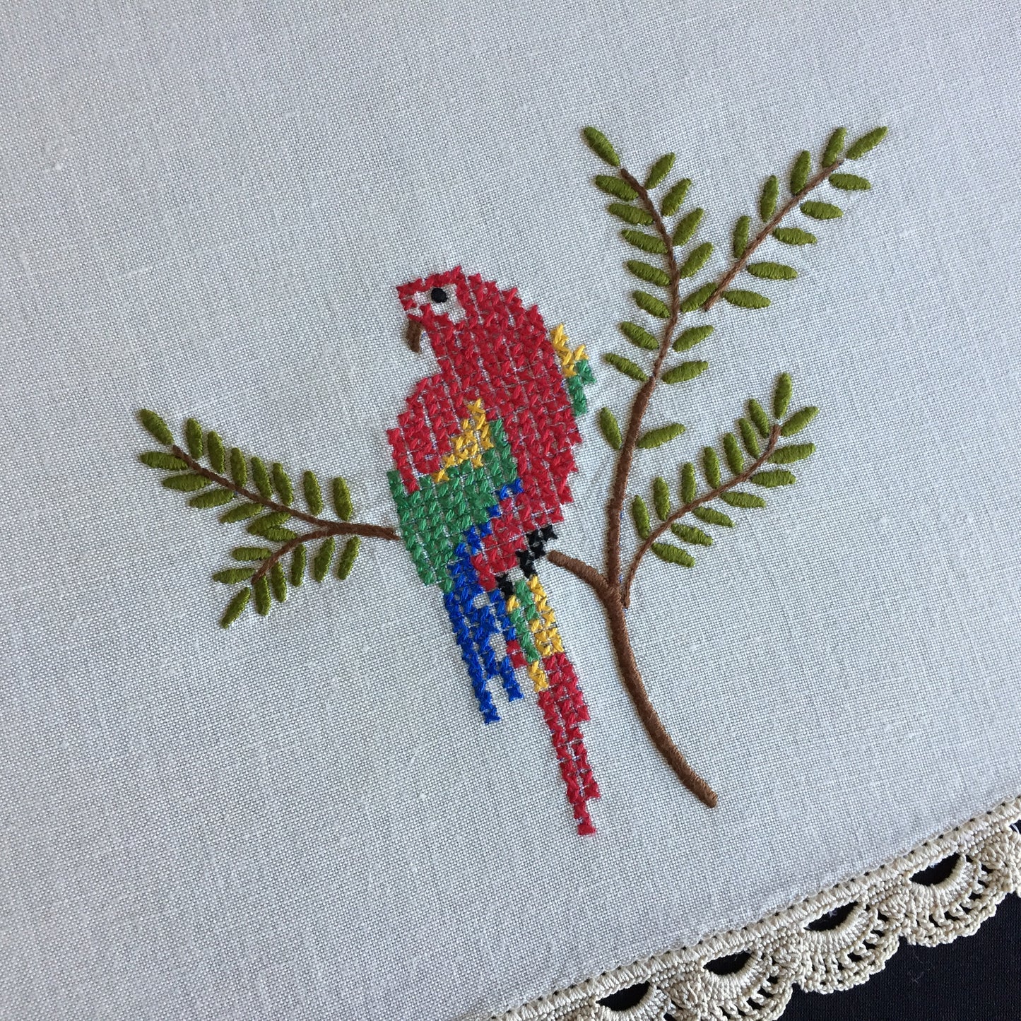 Australian Vintage Hand Embroidered Table Centrepiece with Parrot Design