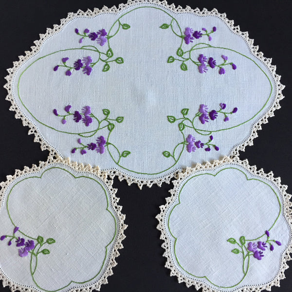 Australian Vintage Hand Embroidered Purple Floral 3 Pce Vanity Duchess Set