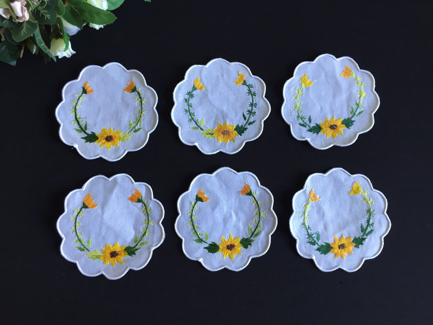 Unused Vintage Set of 6 Hand Embroidered Cotton Drink Coaster Doilies 10cm | 4"