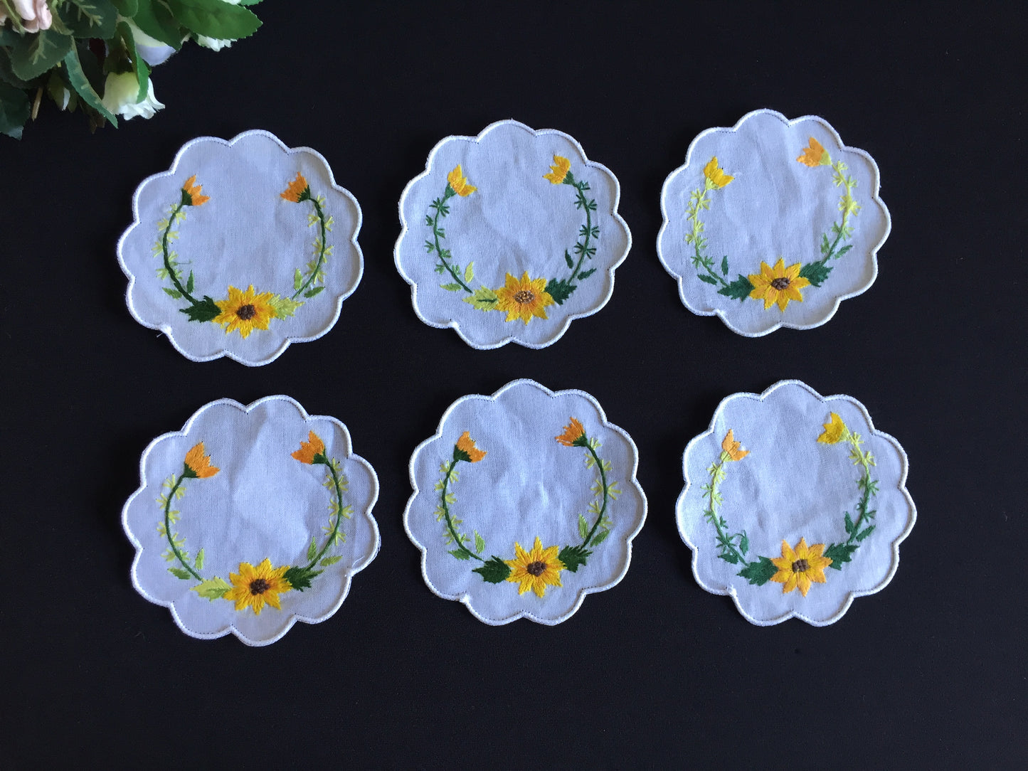 Unused Vintage Set of 6 Hand Embroidered Cotton Drink Coaster Doilies 10cm | 4"