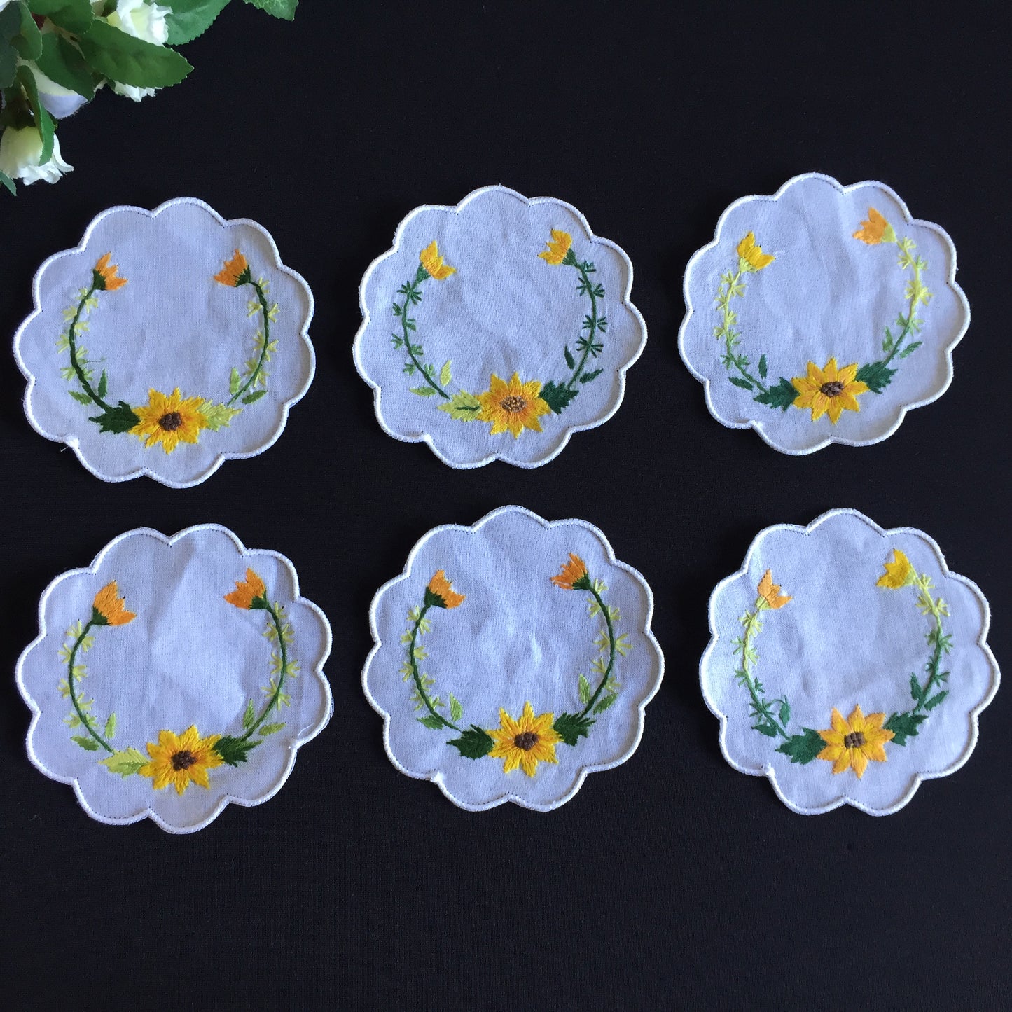 Unused Vintage Set of 6 Hand Embroidered Cotton Drink Coaster Doilies 10cm | 4"