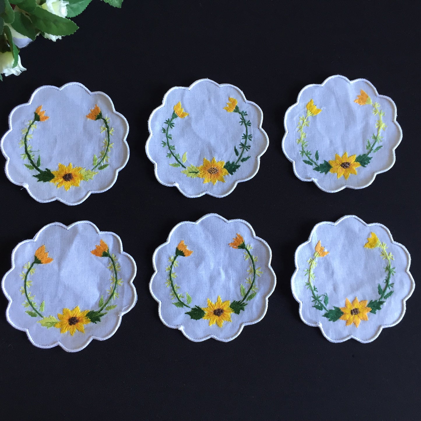 Unused Vintage Set of 6 Hand Embroidered Cotton Drink Coaster Doilies 10cm | 4"