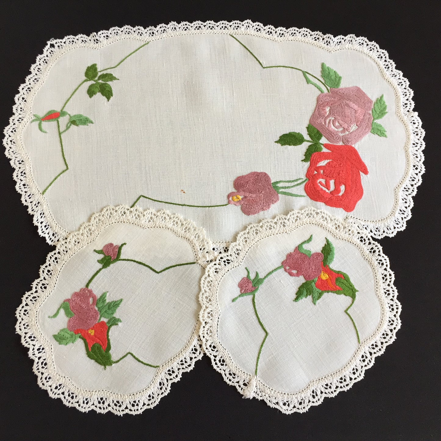 Australian Vintage Hand Embroidered Duchess | Dressing Table Doily Set of 3