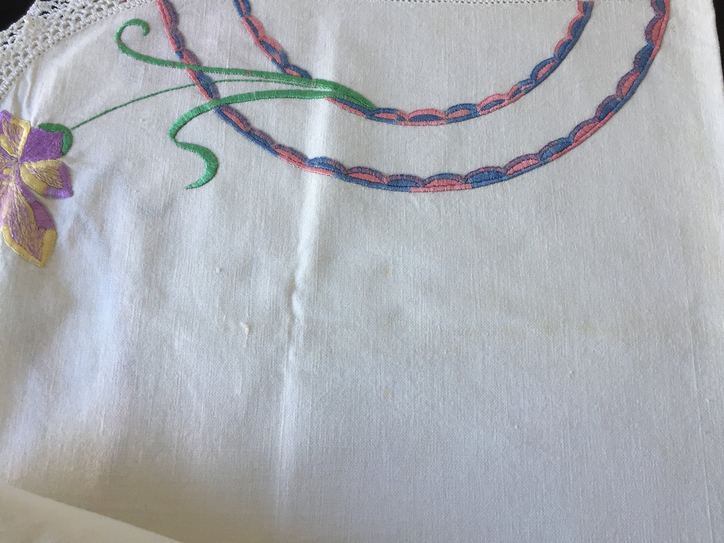 Australian Vintage Art Deco Floral 35" Hand Embroidered Tablecloth