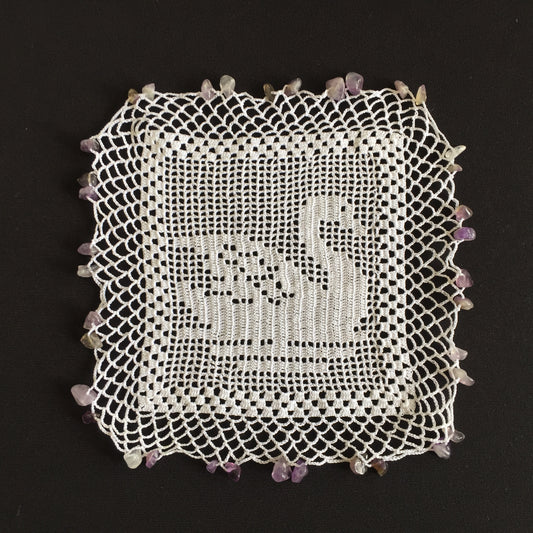 White Filet Crochet Lace Beaded Jug Cover Doily with SWAN