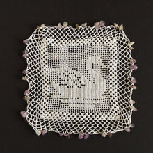 Load image into Gallery viewer, White Filet Crochet Lace Beaded Jug Cover Doily with SWAN