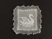 Load image into Gallery viewer, White Filet Crochet Lace Beaded Jug Cover Doily with SWAN