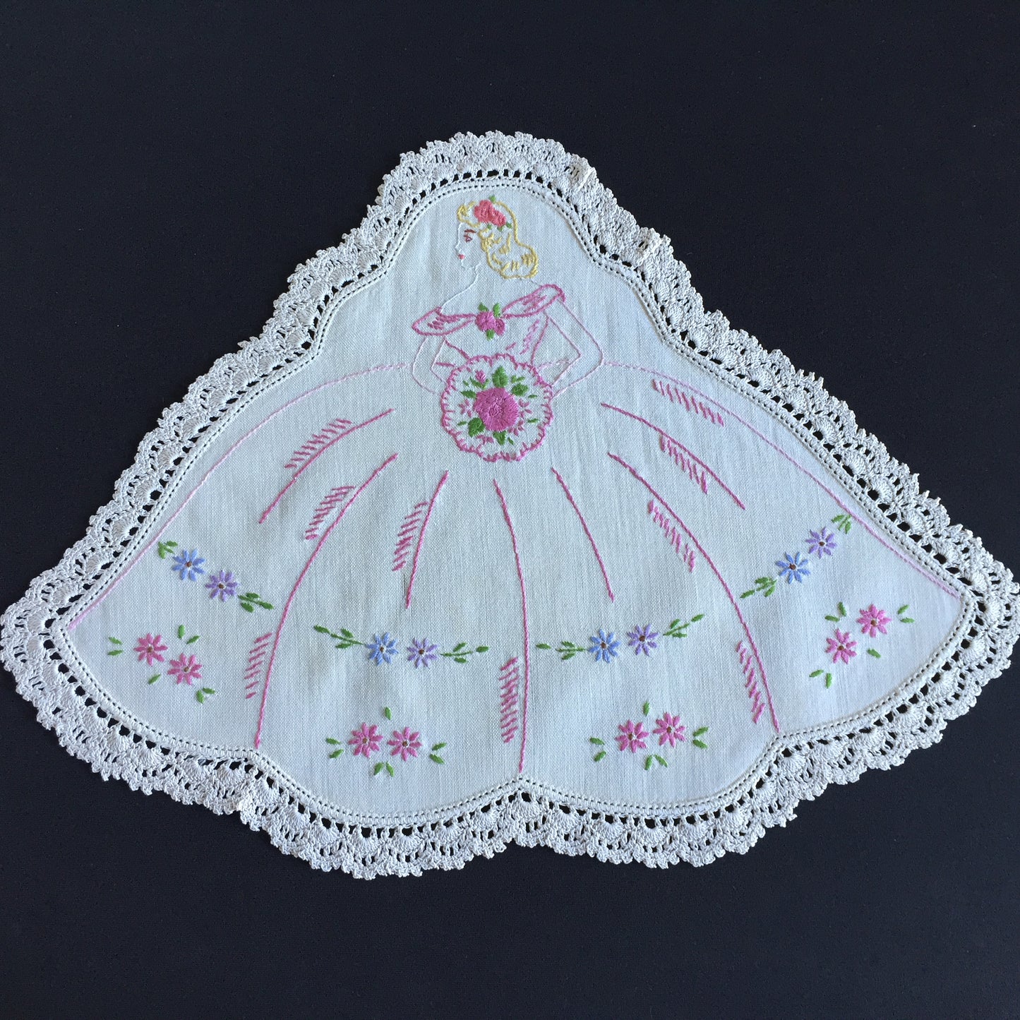 Vintage Hand Embroidered Collectible Doily with Crinoline Lady Design