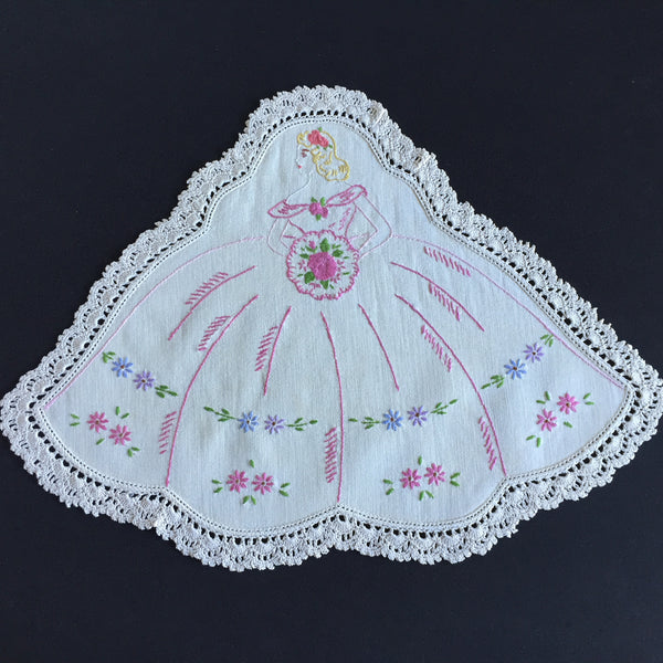 Vintage Hand Embroidered Collectible Doily with Crinoline Lady Design