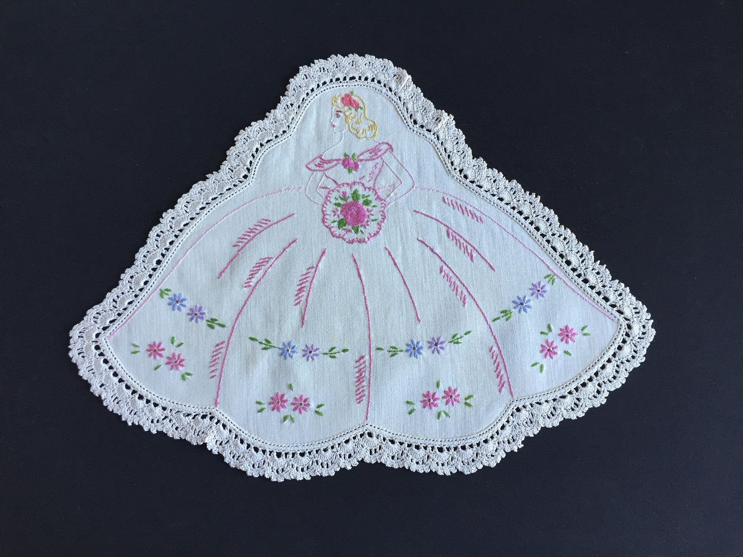 Vintage Hand Embroidered Collectible Doily with Crinoline Lady Design