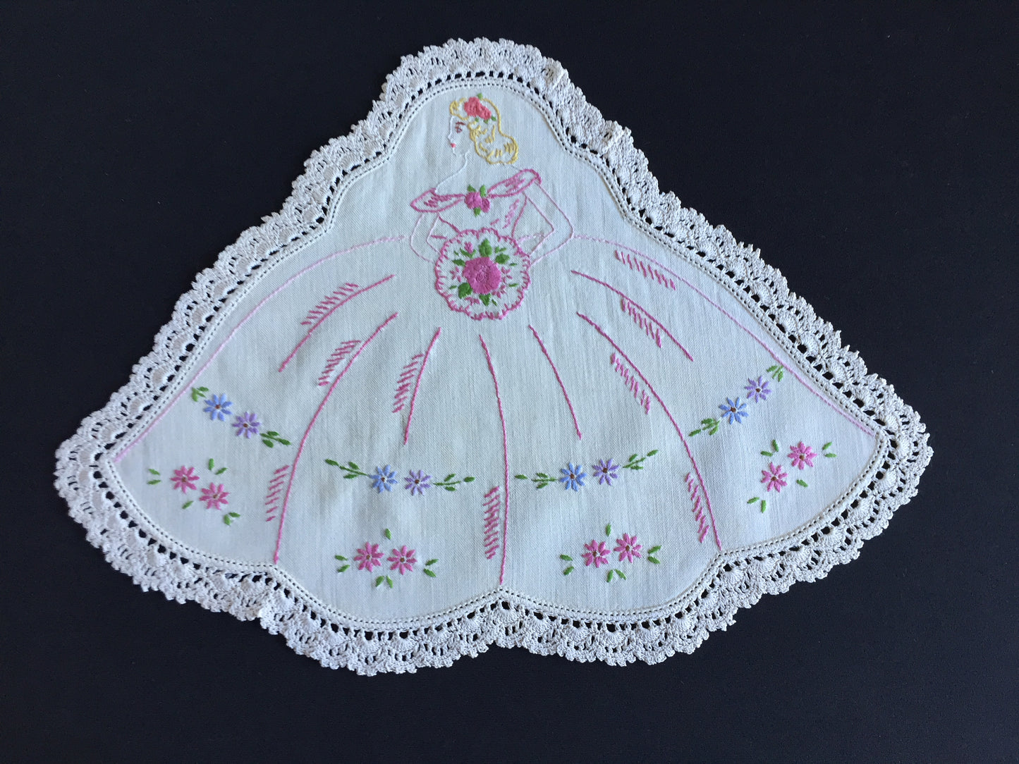 Vintage Hand Embroidered Collectible Doily with Crinoline Lady Design