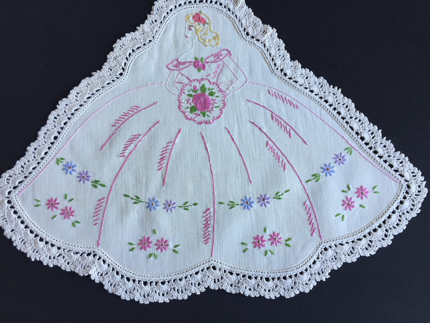 Vintage Hand Embroidered Collectible Doily with Crinoline Lady Design