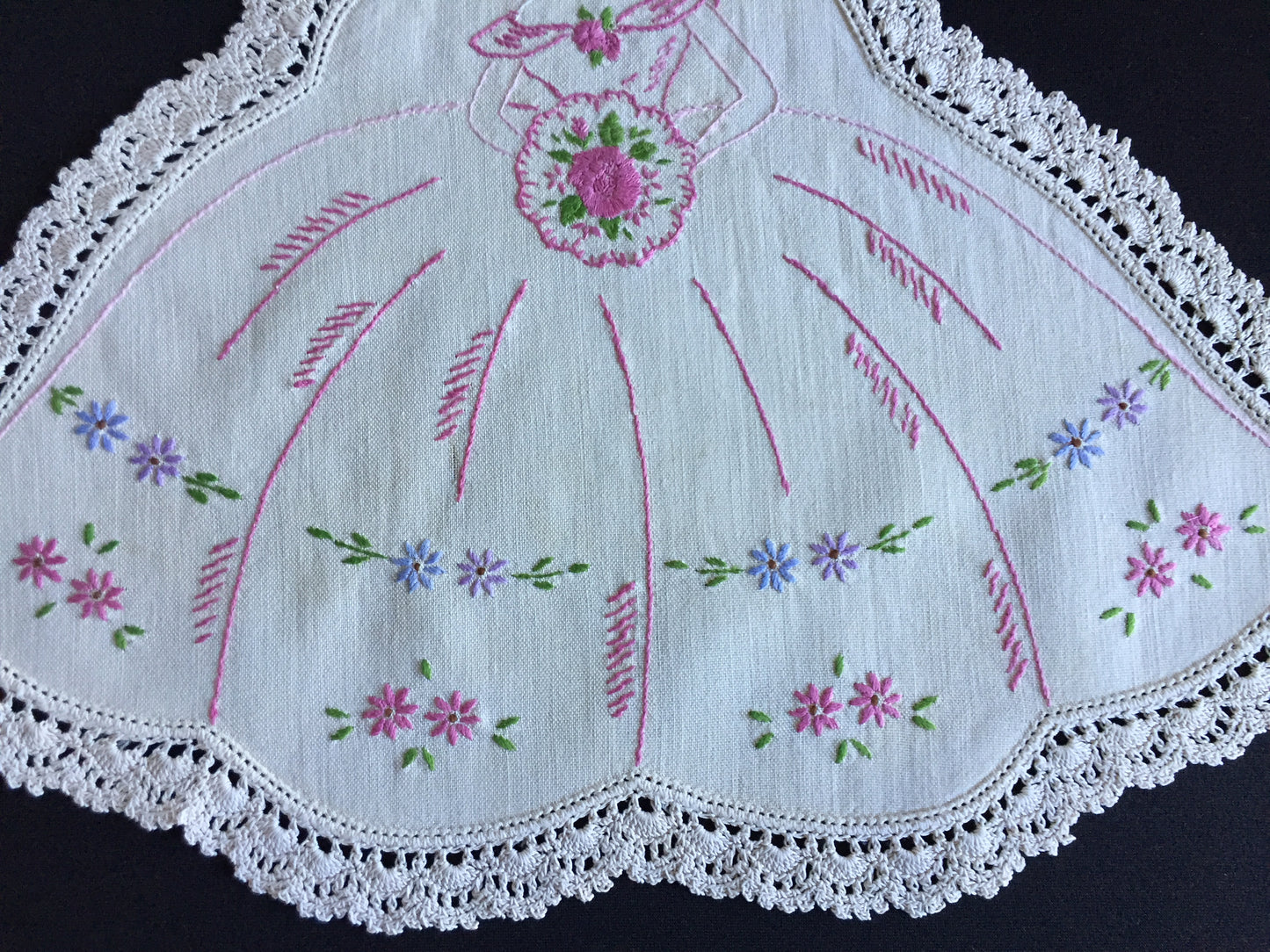 Vintage Hand Embroidered Collectible Doily with Crinoline Lady Design