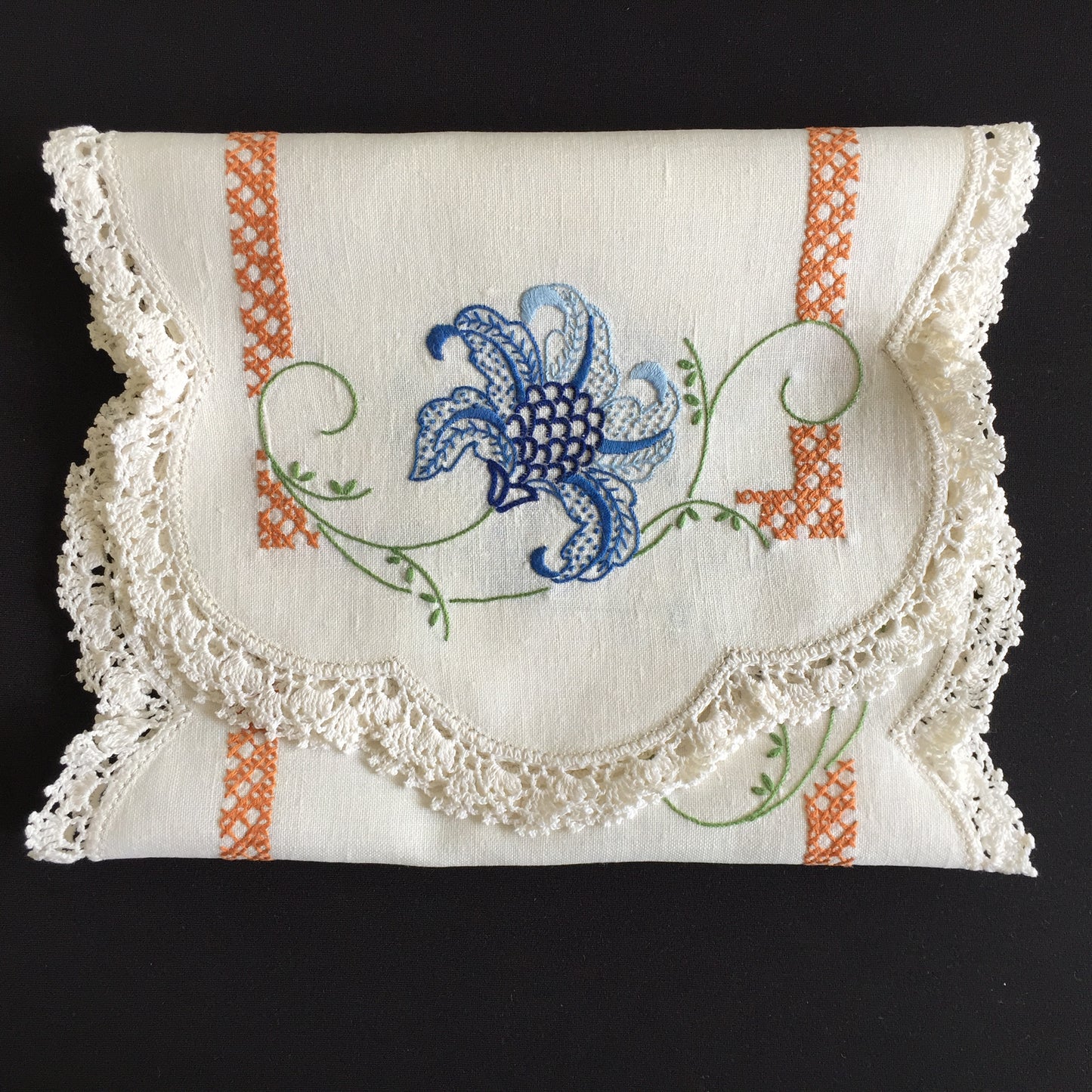 Australian Vintage Hand Embroidered Table Runner | Blue Floral Design