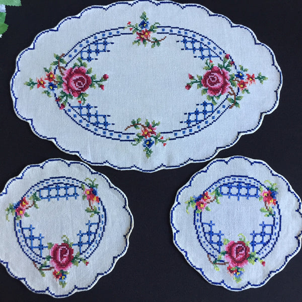 Vintage Counted Cross Stitch Hand Embroidered 3 Piece Floral Duchess Set
