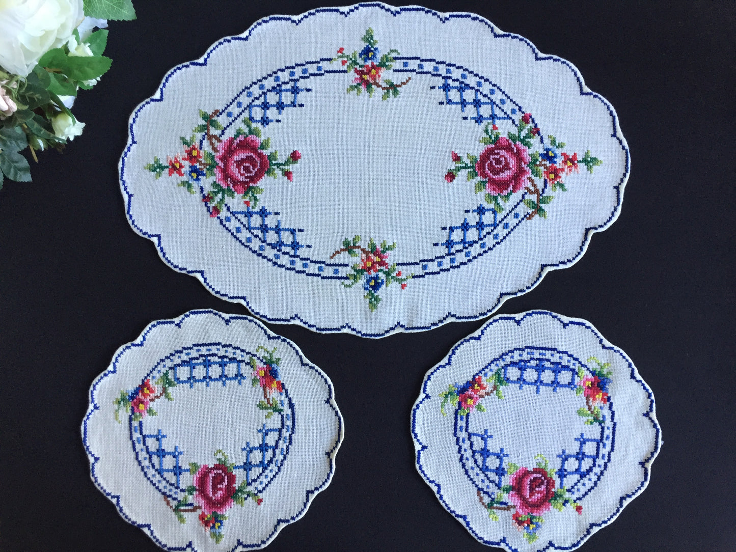 Vintage Counted Cross Stitch Hand Embroidered 3 Piece Floral Duchess Set