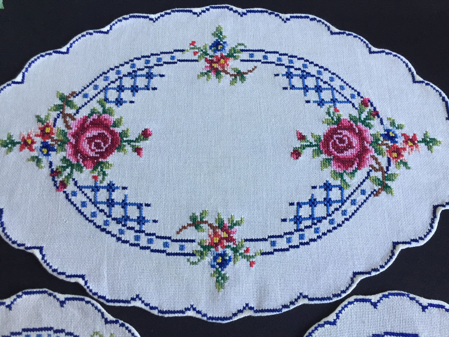Vintage Counted Cross Stitch Hand Embroidered 3 Piece Floral Duchess Set