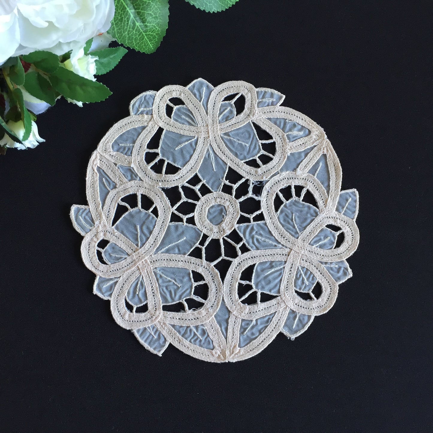 Vintage 7.5" Beige Organdy Cutwork Embroidered Doily with Butterflies Design