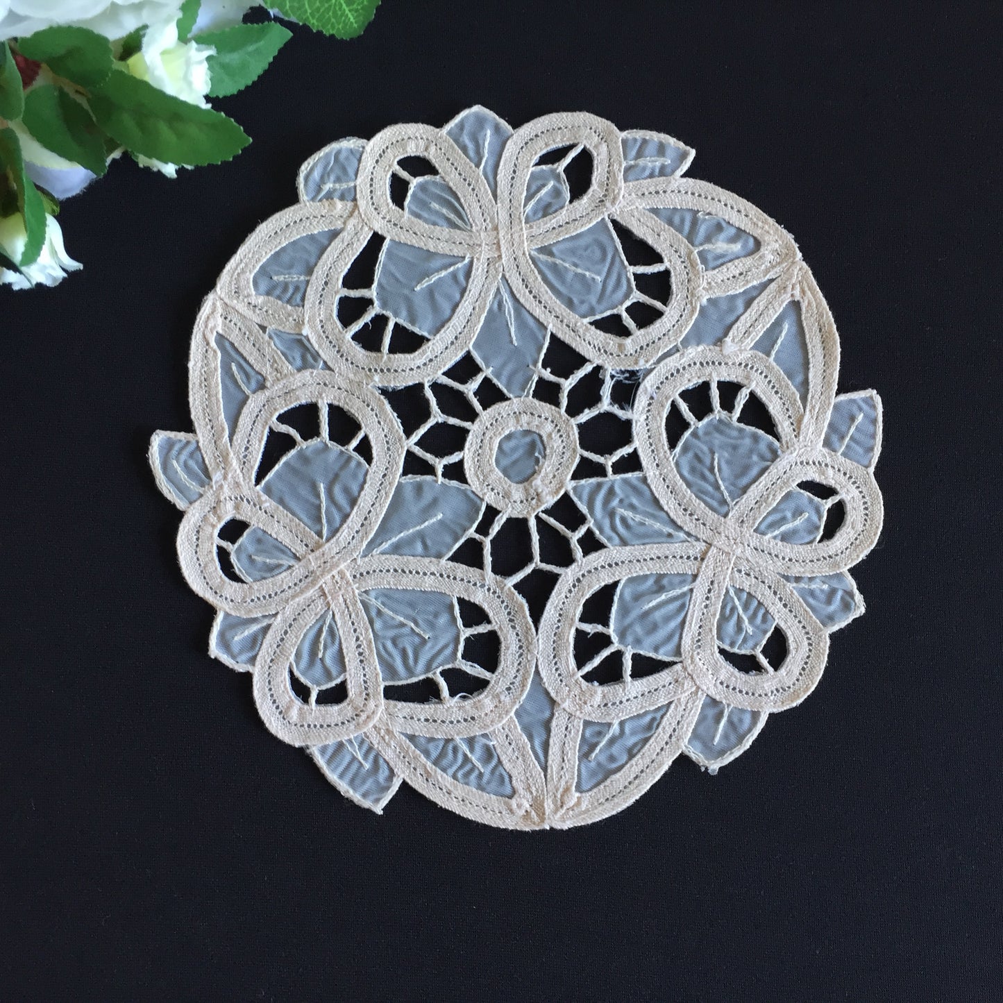Vintage 7.5" Beige Organdy Cutwork Embroidered Doily with Butterflies Design